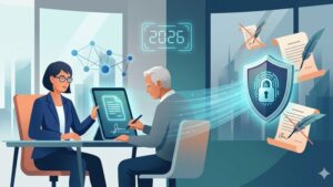 Современная иллюстрация цифровой доверенности с использованием футуристических технологий для статьи о нотариальных услугах