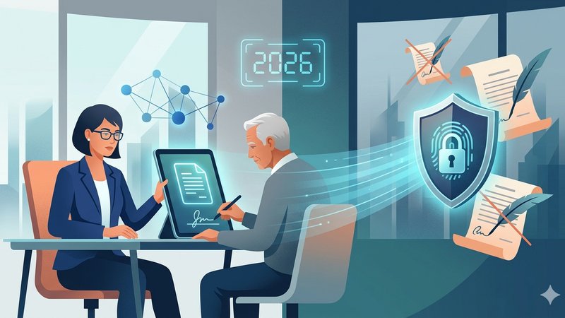 Современная иллюстрация цифровой доверенности с использованием футуристических технологий для статьи о нотариальных услугах